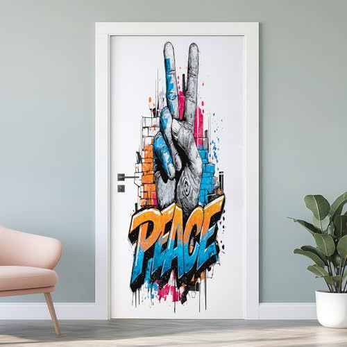 Street Graffiti Türtapete 3D Selbstklebend, Finger Peace Fototapete, Vinyl Folie Wasserfest Ziegelmauer Wandtattoo für Schlafzimmer Wohnzimmertür Küche Badezimmer 85x215 cm P5d272