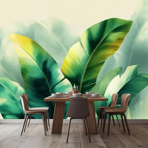 Générique Papier Peint Panoramique Vintage Vert Feuille De Bananier 200x140 cm Papier Peint Intissé Mural, Poster Geant Mural 3D, pour Salon Chambre d'enfants restaurant Décoration Murale