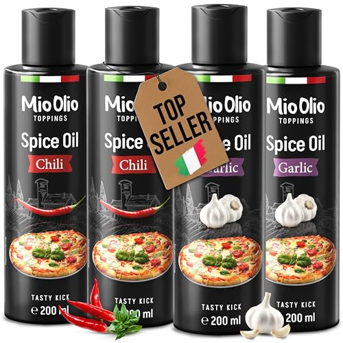 MioOlio Gewürzöl Set – 2×200 ml Knoblauchöl & 2×200 ml Chiliöl – aromatisiertes Öl zum Kochen, Braten & Verfeinern – praktischer Dosierer – für Pasta, Pizza, Fleisch, Fisch & Gemüse