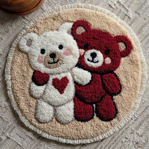 WallustrioaW Knüpfteppich Zum Selber Knüpfen-Sets,Zwei süße kleine Bären,Latch Hook Rug,Vorgedrucktes Muster Leinwand Teppich Stickerei Handwerk Für Erwachsene,50x50cm