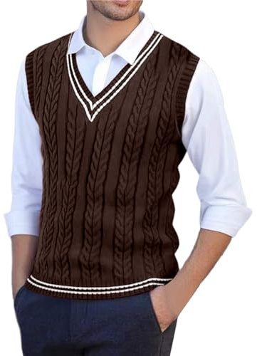 Fulidngzg Maglione Uomo Invernale in Lana Senza Maniche con Collo a V Gilet in Maglia Maglioncino Cotone Casual Pullover Primaverile Leggero Sottogiacca Cashmere Elegante per Case Lavoro,Marrone,XXL