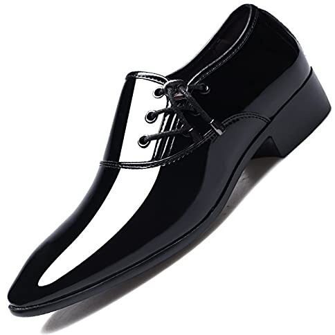 Oxfordskor For Män Snörning Rund Tå Lackskinn PU-läder Blockklack Gummisula Halkfri Festskor(Black,39 EU)