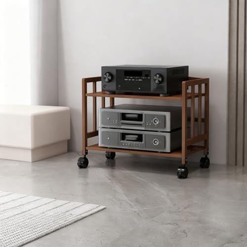 Audio Video Regal HiFi Rack High End,Höhenverstellbares Medienregal mit Feststellrollen, 3 4 5 Etagen Audio-Video Rack, Stahlgestell & Holzplatten mit Rückwand(Black,3-Layer a)