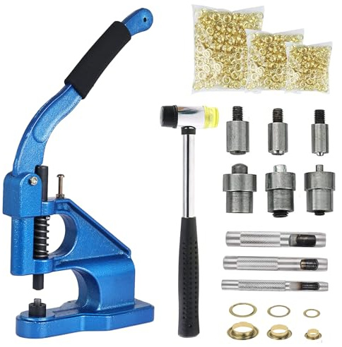 FreeTec Handpress öljettmaskin öljetttång, 6/10/12 mm öljettstans öljettpress set med 3 matriser 1 500 gyllene öljetter håljärnset och hammare för presenning klädbälte läder