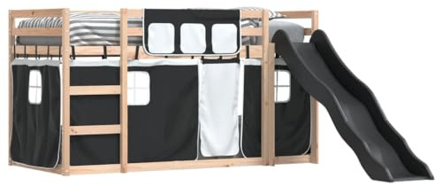 CIOURSTO Solid Pine Wood Kids Bunk Bed with Slide and Curtains - Fun Bed for Indoor Bedroom, Functional and Playful Design (90 x 200 cm)