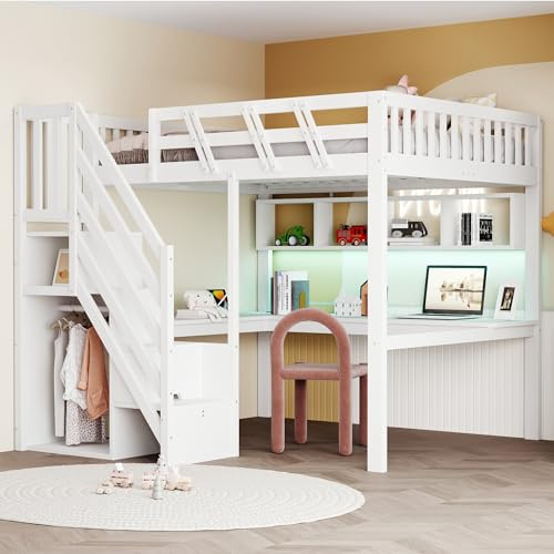 Merax Hochbett 140x200 cm, Massivholzrahmen, mit Schreibtisch, LED-Beleuchtung & USB-Steckdose, Kinderbett/Jugendbett mit Stauraum, platzsparendes, Weiß (ohne Matratze)