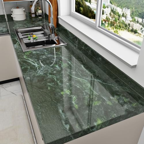 HotDecor Papier Peint Autocollant Vert Marbre Film Adhésif Pour Meuble Rouleau Adhésif Decoratif Papier Peint Vinyle Adhésif Pour Plan De Travail Cuisine Lavable Revetement Adhesif Meuble 40cm x 200cm