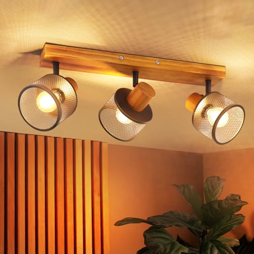 ZMH Deckenstrahler 3 Flammig Holz Vintage Deckenlampe E14 Deckenleuchte | Küchenlampe aus Metall Industrial drehbar 350° Spotlight Deko für Küche Schlafzimmer Flur Wohnzimmer (ohne Leuchtmittel)