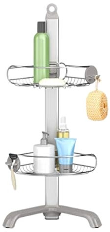 simplehuman BT1064 Corner Shower Caddy, Free Standing Bathroom Shelf Storage Organiser, Rustproof, Storage Hooks, Adjustable Shelves and Feet, Matt Stainless Steel + Anodised Aluminium