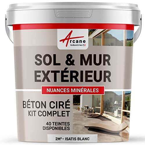 Béton Ciré Extérieur Sol, Mur, Terrasse 2 m² (en 2 couches) Isatis Blanc | Haute Résistance Uv, Bonne Opacité, Temps Ouvert 4H, Adhérence Tous Supports, Vernis Anti-Taches - Arcane Industries