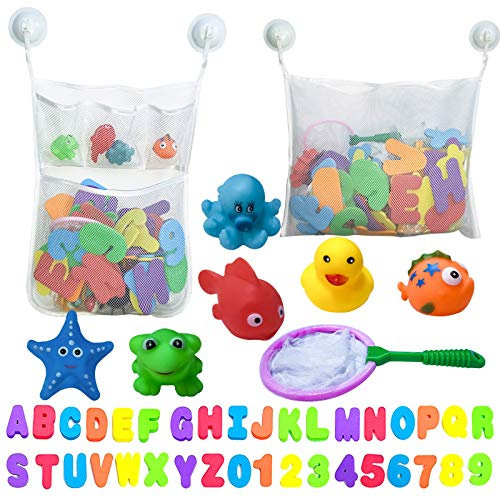 Bath Toy Holder Organizer Set - 2 Quick Dry Storage Net with Soft Foam Bathtub Letters & Number and Fish Net & Additional Suction Cups for Toddlers Kids Games Learning