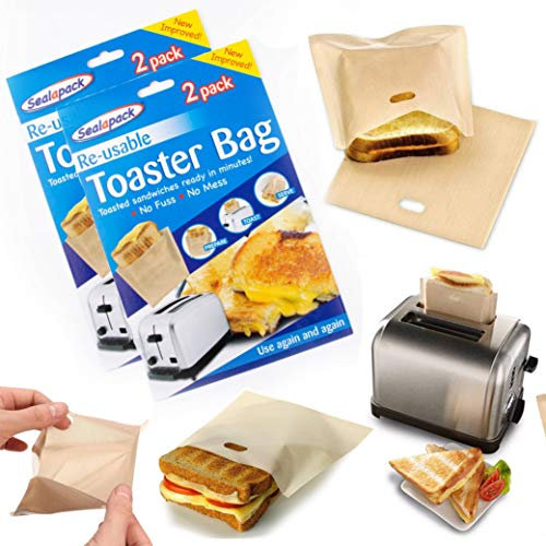 Wiederverwendbare Toasterbeutel, antihaftbeschichtet, Sandwich-Toasterbeutel, waschbar, hitzebeständig, Sandwich, Pizza, Brot, Snack, Taschen für Mikrowelle, Toaster, Ofen, Grill, 2 Stück (4 Beutel)
