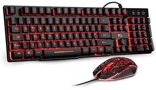Rii RK108 Gaming Keyboard and Mouse Set,Wired LED Light Up Keyboard Mouse with 3 Colors Backlit (Red/Purple/Blue),Compatible with PC,Laptop,Windows,Gamer,Xbox one,PS4,PS5-UK Layout