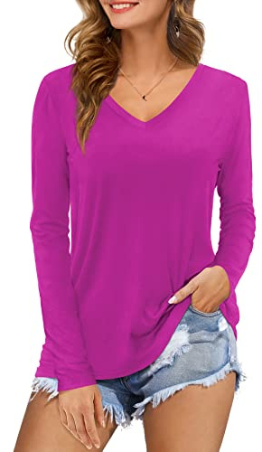 Florboom Bluse Damen Langarm Tunika Elegantes Oberteil V Ausschnitt Shirt Blusen Lila L
