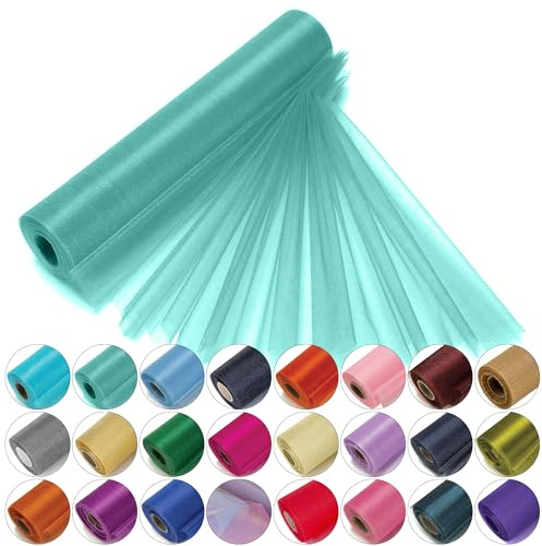 Trimming Shop Organza-Rolle, 25 m x 29 cm, schneetransparenter Glitzerstoff, Elegantes Dekotuch für Stuhl, Bogenschärpe, Tischläufer, Hochzeitslocation, Partydekoration, Aquagrün