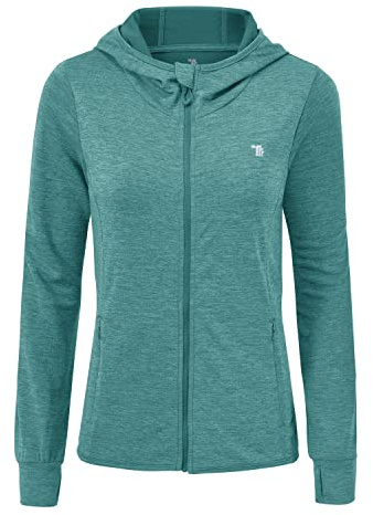 donhobo Löparjacka för kvinnor, sportjacka, träningsjacka, långärmad, fitness, yogamatta, lätt ventilerande sweatjacka med fickor, tumhål, Cyan blå, L