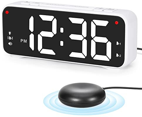 Alarm Clock for Heavy Sleepers, Loud Digital Clock with Bed Shaker, Alarm Clock Bedside With 6.5 LED Screen, 12/24H, 4 Dimmer, 4 Volume, Battery Backup, USB Charger-White
