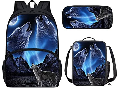 chaqlin Blue Galaxy Wolf Schule Rucksack Set für Jungen Mädchen,3 In 1 Tier Schultaschen Set mit Thermal Lunchbox und Bleistift Fall,Kinderrucksäcke Casual Daypack
