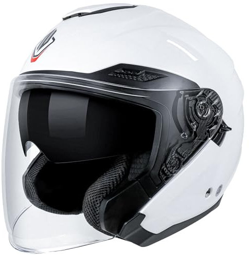 NENKI Rollerhelm für Motorradfahrer, Motorradhelm ECE 22.06, Jethelme mit Doppelvisier und Sonnenblende, Halbhelme für Damen Herren (Weiß, XL)