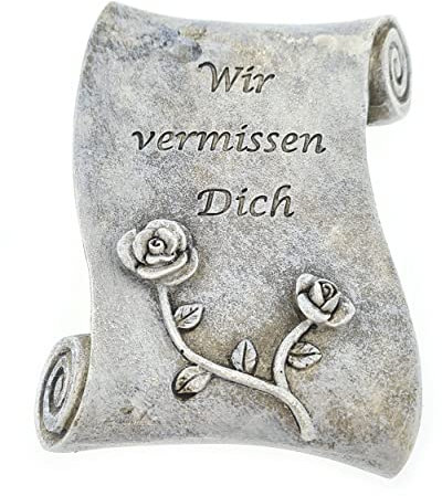 WB wohn trends Grab-Schmuck Schriftrolle Rose, Wir vermissen Dich, 11x9x2,5cm grau Kunst-Stein Trauer-Deko Gedenk-Stein