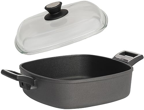 SKK großer 2-tlg. Guss Bräter 26x26 cm - Induktion Bratkasserolle - hohe viereckige beschichtete Kasserolle & Vollglas Deckel - Made in Germany