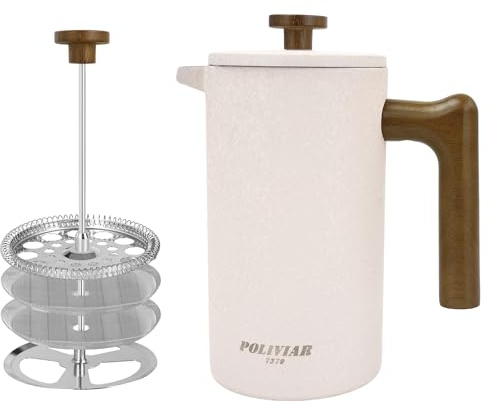 POLIVIAR French Press Coffee Maker, 34 Ounce Coffee Press with Real Wood Handle, Double Wall Insulation & Dual-Filter Screen, Food Grade Stainless Steel for Good Coffee and Tea JX2023-FPLM