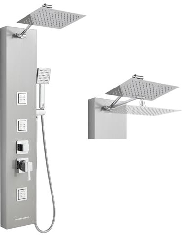 ROVOGO Duschpaneel mit Armatur, Duschpaneele mit Quadratische Regendusche, Massagedüsen und Handbrause, Duschsäule Edelstahl mit Höhenverstellbar Duscharm/Duschkopf, Gebürstet