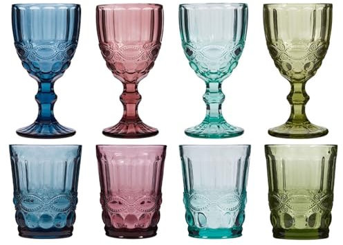 Dibor 8pc Wine Glasses & Tumblers Set of 4 Wine Goblets and Tumbler Glasses Vintage Style Embossed Baroque Multicoloured Drinking Glasses Alfresco Dining Glassware Set