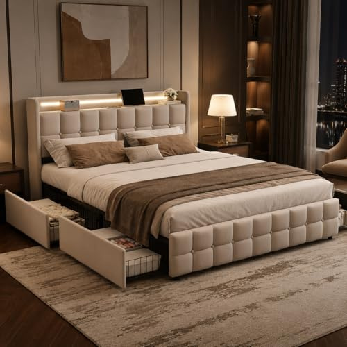 KeepGoon Doppelbett 180x200,Stauraumbett,Betten mit LED-Beleuchtung und 4 Schubladen, Polsterbett mit Stauraum, Jugendbett mit Aufladen USB Ladefunktion Kopfteil,Lattenrost aus Holz (Beige)