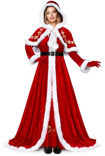 KANMUASD Santa Kostüm Weihnachtsoutfit, Miss Weihnachtsmann, Santa Claus Lady, Weihnachten, Weihnachtskostüm, Damen Weihnachtsfrau Kostüm, Kleid, Cape, Gürtel B,3XL