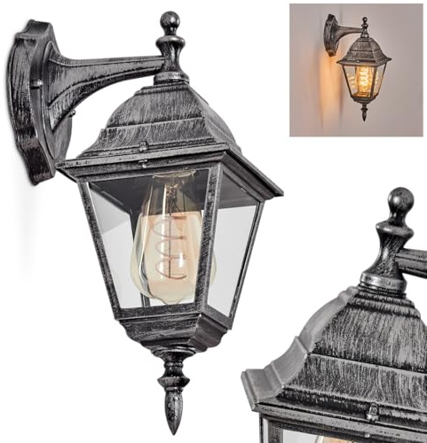 HOFSTEIN Außenwandleuchte Naofe, Außenwandlampe aus Metall/Glas in Schwarz/Silber/Klar, Wandleuchte außen im Vintage/Antik/Landhaus-Design, Garten, Hof, Außenbereich, Haustür, E27, IP44