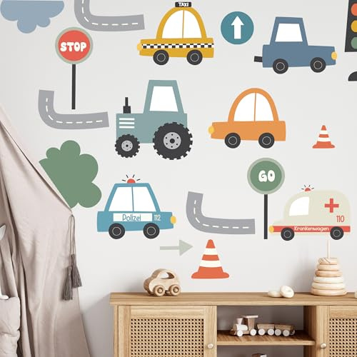 GRAZDesign Wandtattoo Kinderzimmer - Verkehrsmotive Set für Jungen - Autos, Polizei, Krankenwagen, Bäumchen - Abziehbar & Selbstklebend - Perfekte Dekoration für Spielzimmer & Babyzimmer