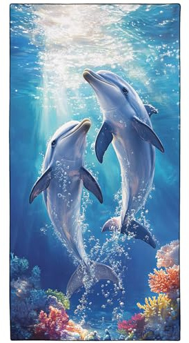 YISUMEI Blaues Delphin-Korallenriff Strandtuch XXL 180x90cm - Schnelltrocknendes Mikrofaserhandtuch mit Tasche, Saugstark Sandfrei - Leichtes Reisehandtuch für Strand, Pool