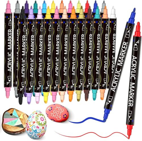 XDISHYN 24 Colors Dual Tip Acrylic Paint Markers for Paper, Pottery, Stones, Backpacks, Glass, Eggs, Fabrics, Plastics, handicrafts