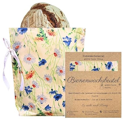 Wiederverwendbarer Bienenwachssack mit einfachem Verschluss | Bienenwachssack für Brot, Snacks, Gemüse, Obst zum Frischhalten | 100% natürlich und umweltfreundlich (Wiesenblumen, 30x40)