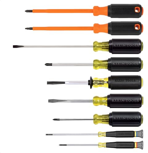 Klein Tools 85850 9-Piece Electrician Tool Set with (3) Phillips, (3) Slotted Drivers, (1) Screw-Holding Driver, (2) Insulated Drivers - Phillips and Square, Cushion-Grip Handle