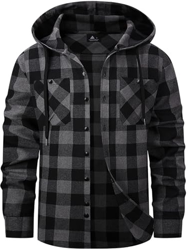 SwissWell Camicia Uomo Flanella Camicia Quadri con Cappuccio Uomo Manica Lunga Casual Felpe Grigio Scuro L