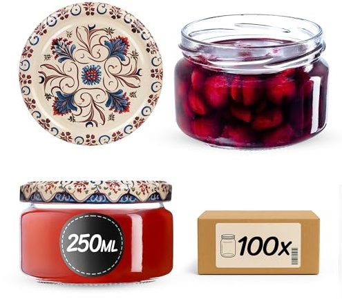 KADAX Juego de 100 tarros de mermelada de 250 ml con tapa de rosca Ø 82 mm en beige/azul - herméticos, aptos para lavavajillas, ideales para mermelada, chutneys, verduras en escabeche, carne, patés y
