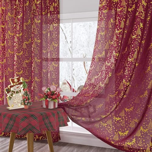 AQCQDQ 2 Paneele Weihnachtsvorhänge mit Stangentaschen, Durchsichtige Weihnachtsgardinen mit Goldene Weihnachtsbaum, Rentier, Schneeflocke for Weihnachtsdekoration (Rot,B107*H163 cm)