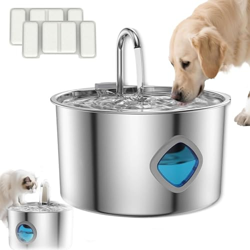 Fontana d'acqua per cani, in acciaio inossidabile super silenziosa, con finestra a LED e pompa silenziosa, include 12 elementi filtranti per cani e gatti