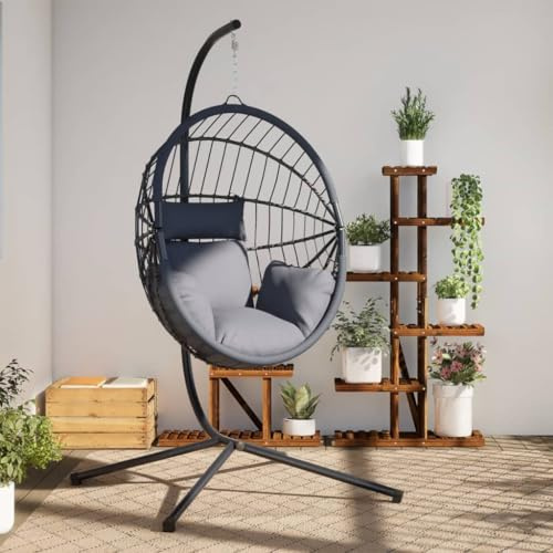 INLIFE Hängesessel Ei-Design mit Ständer Hellgrau Rattan und Stahl,Heim & Garten,Rasen & Garten,Garten & Balkon,Hollywoodschaukeln,Grau,21.8 KG,4007406