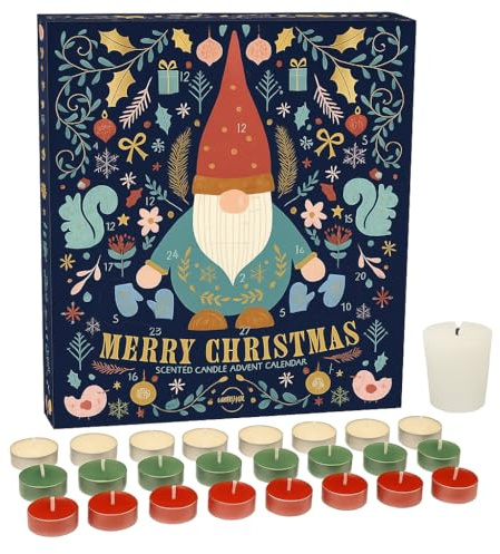 Gnome Merry Christmas Scented Candle Advent Calendar. Countdown to Christmas with a surprise candle for every day. 23 x Tea Lights & 1 x Votive Candle for Xmas Eve. Luxury Premium Advent *VEGAN*