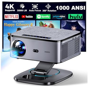 【1000 Ansi & Auto Focus】 XIWBSY Proyector 4K Soporte con WiFi 6 y Bluetooth 5.3, Gira 360 °, 35000 Lúmenes, Proyector Android Vídeo de Cine En Casa, Projector Portátil 4K