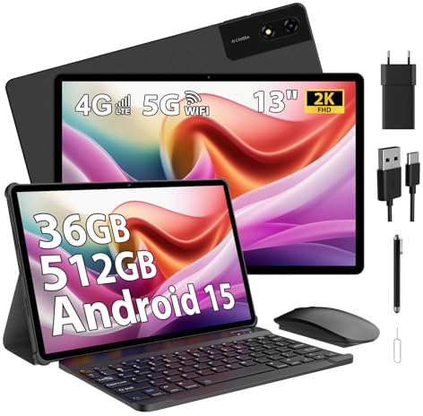 DEEMWOLF Tablet 13 Inch Android 15 Tablet with SIM Slot,4G LTE and 5G WiFi,36GB RAM+512GB ROM/2944 * 1840 FHD/11580mAh /20W/Face ID/GPS/BT 5.0/TÜV/USB-C,Tablets with Keyboard,Mouse