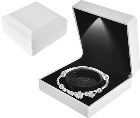 Caja de Regalo para Pulseras con Luz LED, Caja de Terciopelo para Joyas, Estuche de Almacenamiento de Joyería para Colgante/Pulsera/Collar, para Bodas Compromisos Valentín, 10*10*5cm, Blanco
