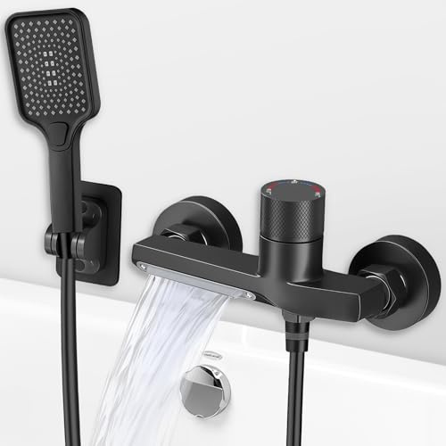 Yowmina Mitigeur Baignoire Thermostatique Mural Noir, Laiton Massif, Bec Cascade Orientable, Douchette 3 Modes, Flexible 1,5m, Système Anti-Brûlure, Norme G1/2