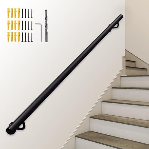 Corrimano in Ferro Nero, Ringhiera Robusti Scale di Sicurezza Montaggio a Parete per Interno ed Esterno Portico Loft, Maniglione Antiscivolo 1 2 3 4 5 6 Metri - Kit Completo(500cm)