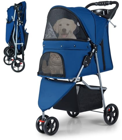 FANTASK Carrito plegable para mascotas, 3 ruedas de hasta 15 kg, con toldo ajustable y acolchado, con ventana de malla, cesta para perros y gatos, color azul