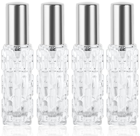 LOPHE Pulverizador Colonia Recargable, 10ML Botella Atomizadora Perfume Recargables, Botella de Spray para Viaje Frasco Decants Perfumes, Mini Perfumador Cristal, Glass Spray Bottles (4 Pcs-Plateado)