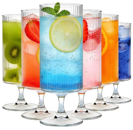 Aulivra Gläser Set [6 x 380ml] Cocktailgläser Set Longdrink Cocktail Gin Bier Wasser Longdrinkgläser Trinkglas Wasserglas Glas Smoothie Dessert Spülmaschinenfest Transparent (Rippe)